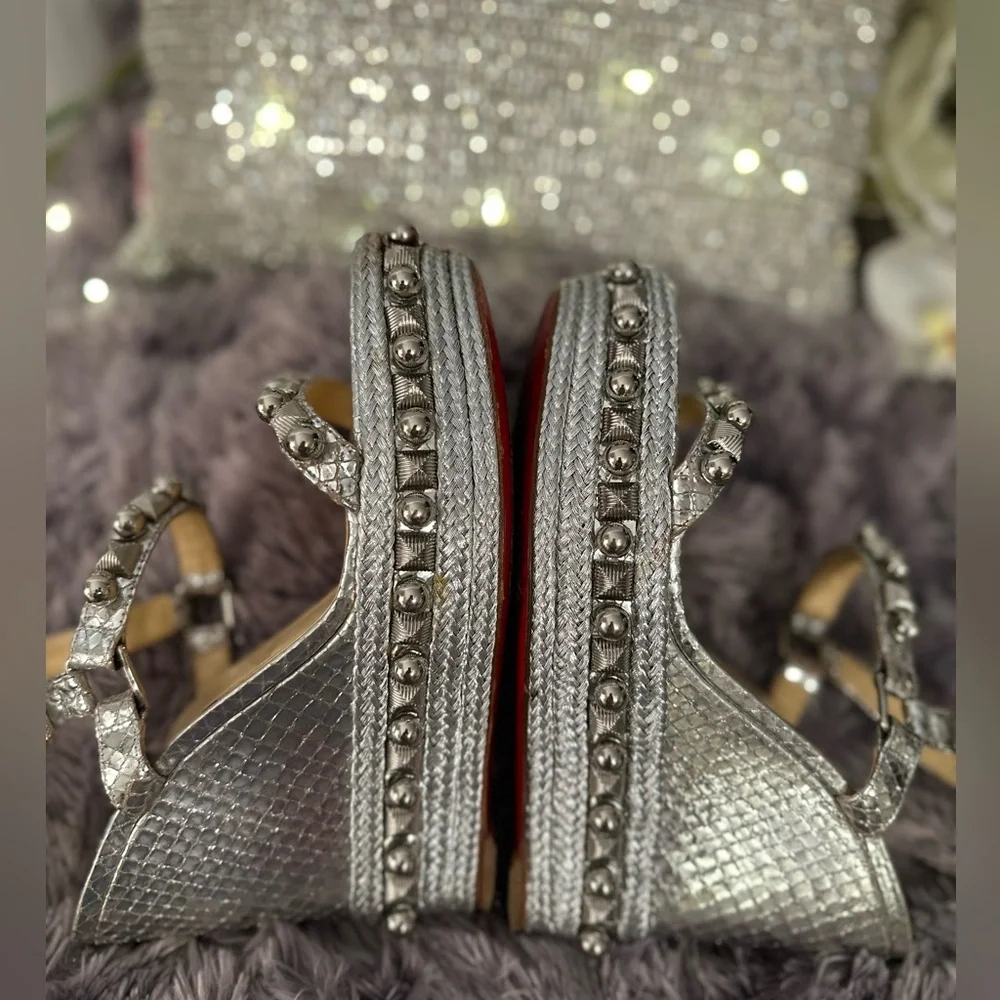 ๐ฅCHRISTIAN LOUBOUTIN 100% AuthSilver Snake&Embellished Platform Espadrille 39 - Picture 2 of 16